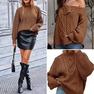 NEW Oversized Cable Knit Button Up Shoulder Turtleneck Pullover Sweater Top -Med